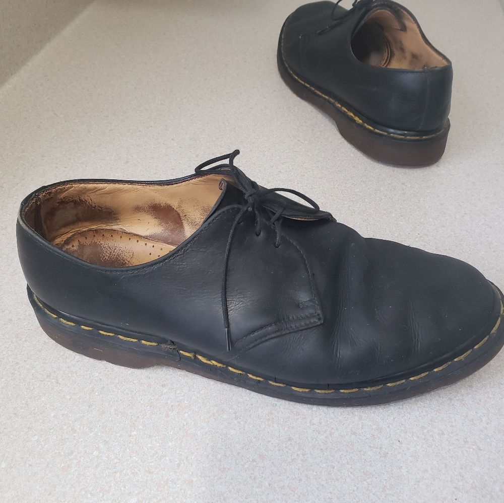 Dr. Martens Black Leather 3-Eye Derby Shoes with Yellow Stitching